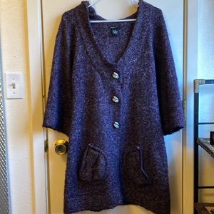 Vintage BCBGMAXAZARIA Purple and White Sweater with Hood and Pockets, Size M.